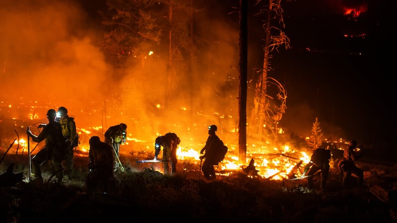 Nighttime fire crews work on containment efforts while fighting the Wapiti Fire.