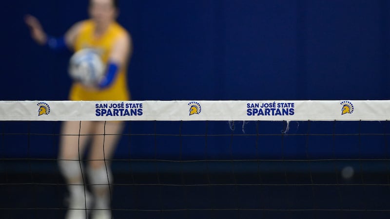 The San Jose State Spartans logo is seen on the net against the Air Force Falcons during the...