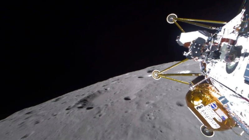 This photo provided by NASA shows the Intuitive Machines' Athena lander approaching the...