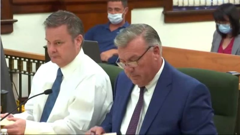 Chad Daybell, left, sits next to his defense attorney, John Prior, during his preliminary...